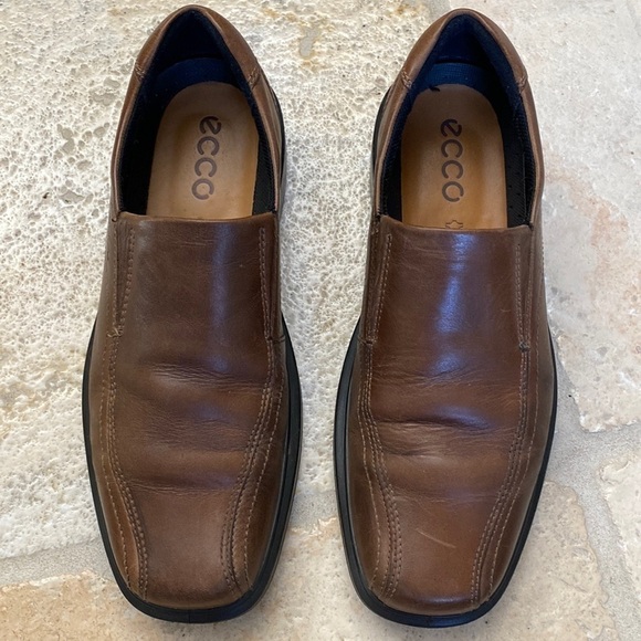 Ecco Mens Brown Leather slip on Loafers shoes Size 44 (10) stretch classic - Picture 1 of 9
